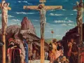 Die Kreuzigung Jesu mit zwei Schächern. Die Frage "wann ist Jesus gestorben" wird hier bildlich beantwortet.