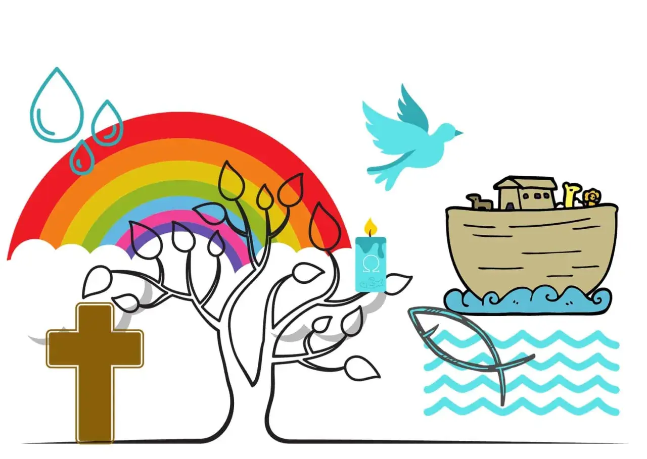 Regenbogen, Arche Noah, Taube, Kreuz, Kerze und Fisch – alles Symbole für die Taufe.
