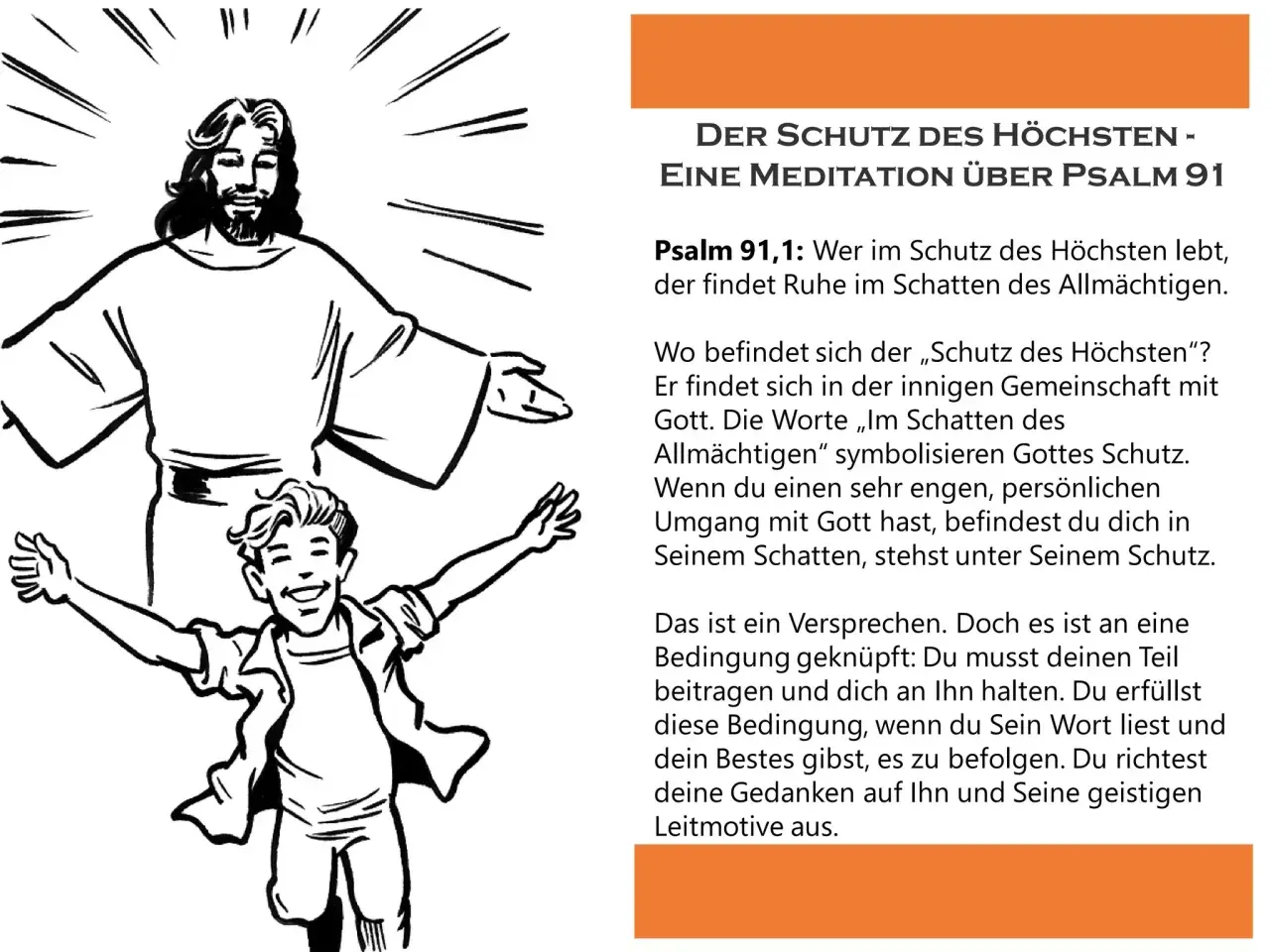 Zeichnung von Jesus mit offenen Armen und einem jubelnden Jungen. Text über Psalm 91, der Schutz und Gemeinschaft mit Gott beschreibt.