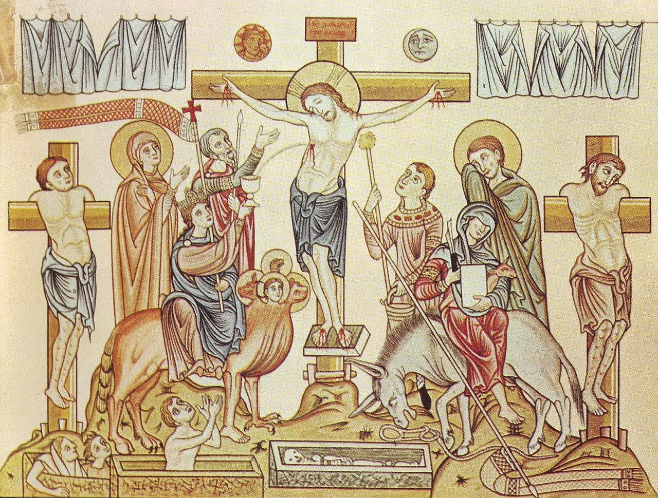 Kreuzigungsszene mit Jesus Christus am Kreuz, Maria, Johannes und anderen Figuren. Unten: Auferstehung der Toten.