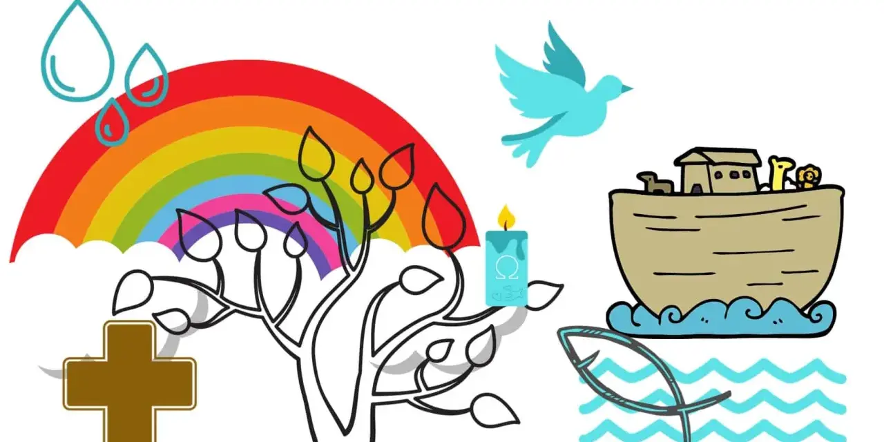 Regenbogen, Arche Noah, Taube, Kreuz, Kerze und Fisch – alles Symbole für die Taufe.