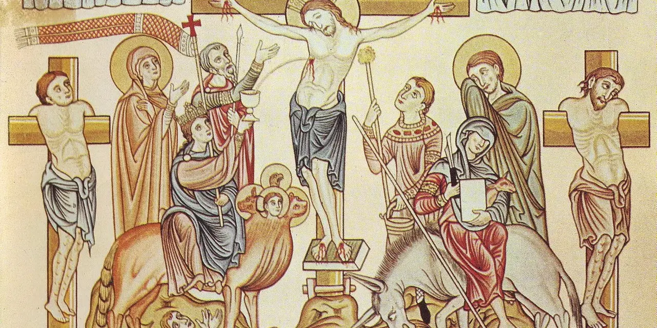 Kreuzigungsszene mit Jesus Christus am Kreuz, Maria, Johannes und anderen Figuren. Unten: Auferstehung der Toten.