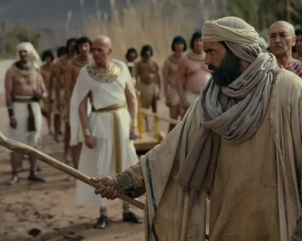Ein Mann mit Turban und Stab führt eine Gruppe in antiker Kleidung an. Szenen wie diese sind oft in christliche Serien zu sehen.