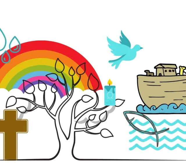 Regenbogen, Arche Noah, Taube, Kreuz, Kerze und Fisch – alles Symbole für die Taufe.