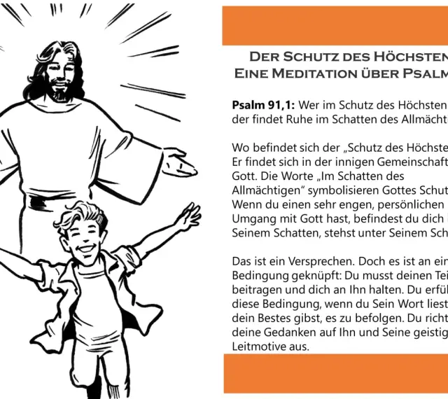 Zeichnung von Jesus mit offenen Armen und einem jubelnden Jungen. Text über Psalm 91, der Schutz und Gemeinschaft mit Gott beschreibt.