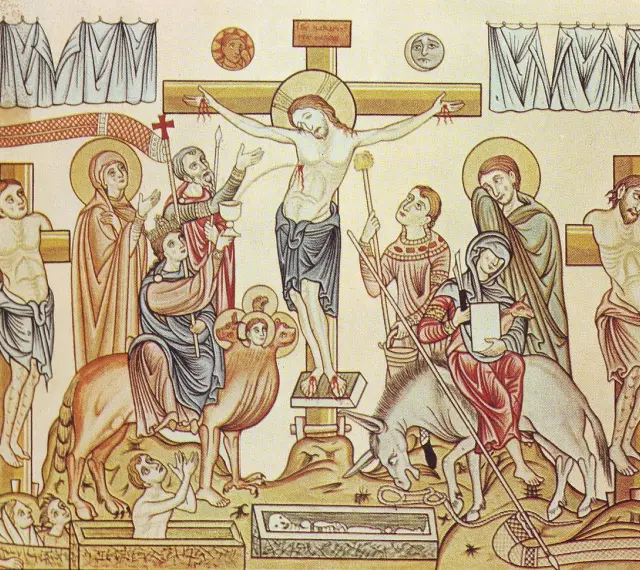 Kreuzigungsszene mit Jesus Christus am Kreuz, Maria, Johannes und anderen Figuren. Unten: Auferstehung der Toten.