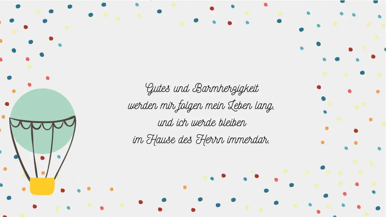 Ein Heißluftballon fliegt über bunten Punkten. Der Spruch 