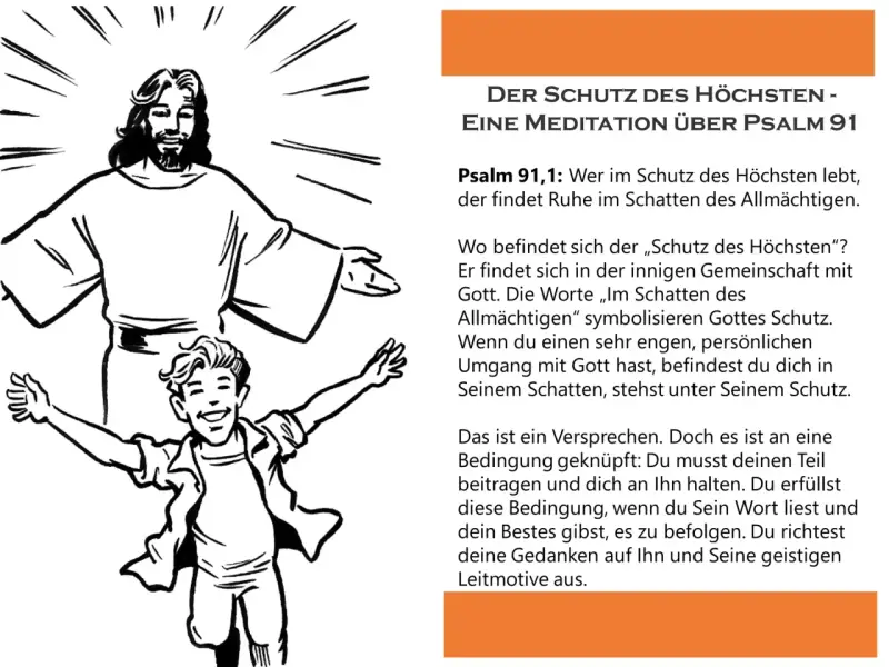 Zeichnung von Jesus mit offenen Armen und einem jubelnden Jungen. Text über Psalm 91, der Schutz und Gemeinschaft mit Gott beschreibt.