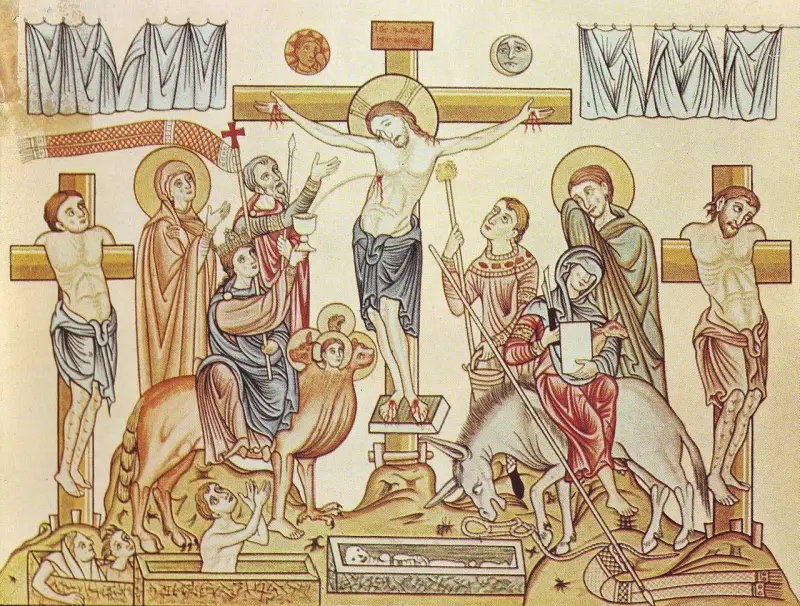 Kreuzigungsszene mit Jesus Christus am Kreuz, Maria, Johannes und anderen Figuren. Unten: Auferstehung der Toten.